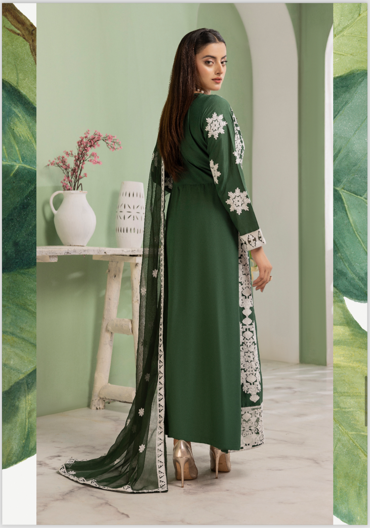 3 Pc Ready To Wear - Full Embroidered Linen Suit - Long frock Concept