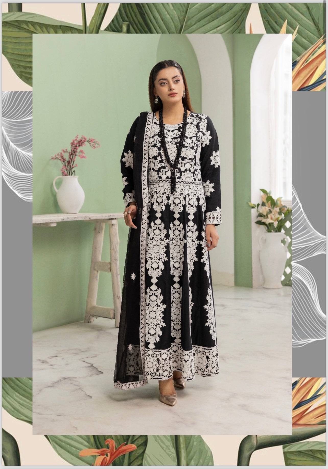 3 Pc Ready To Wear - Full Embroidered Linen Suit - Long frock Concept