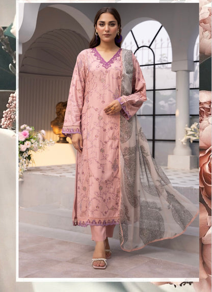 3 Pc Ready To Wear Suit - Embroidered Linen Suit (Pastel Pink)