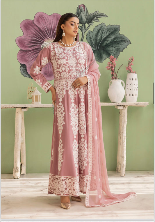 3 Pc Ready To Wear - Full Embroidered Linen Suit - Long frock Concept