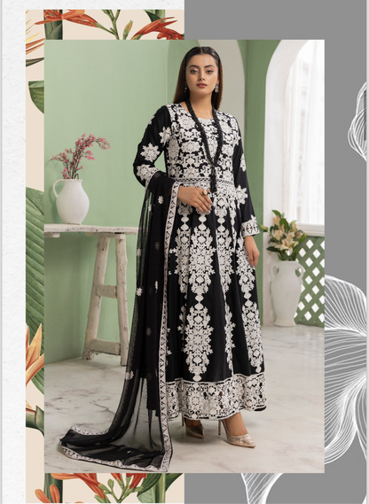 3 Pc Ready To Wear - Full Embroidered Linen Suit - Long frock Concept