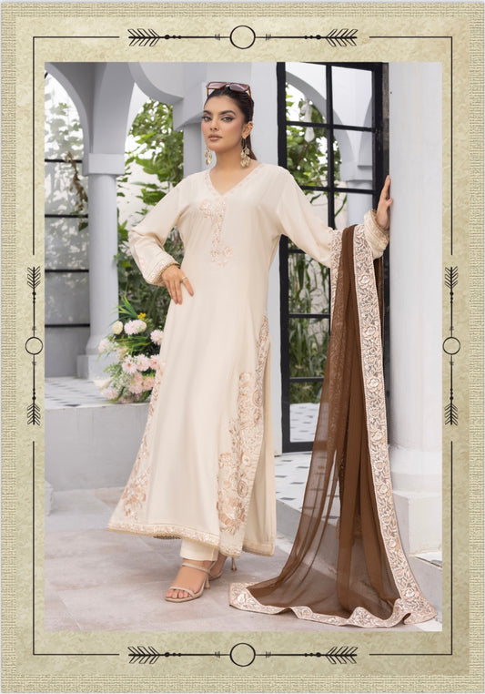 3 Pc Ready To Wear Suit - Embroidered Linen Suit (Cream)